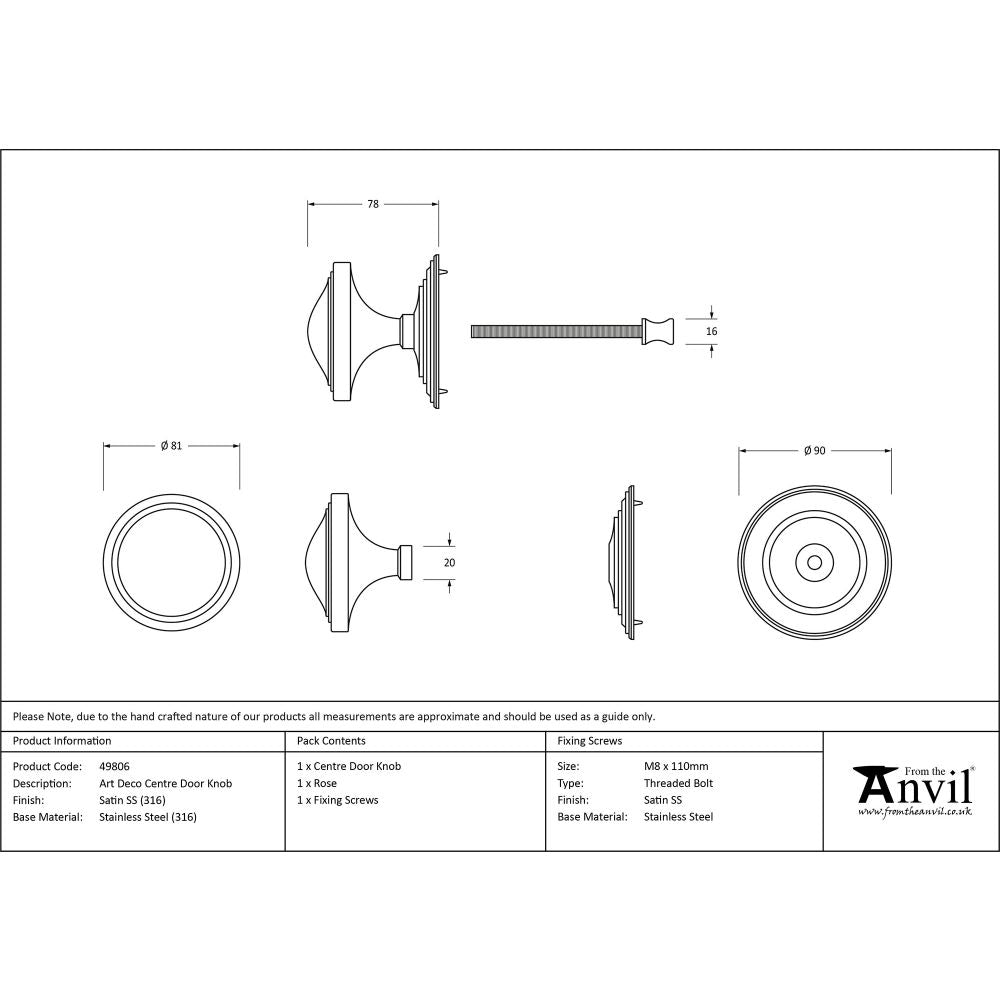 This is an image showing From The Anvil - Satin Marine SS (316) Art Deco Centre Door Knob available from trade door handles, quick delivery and discounted prices