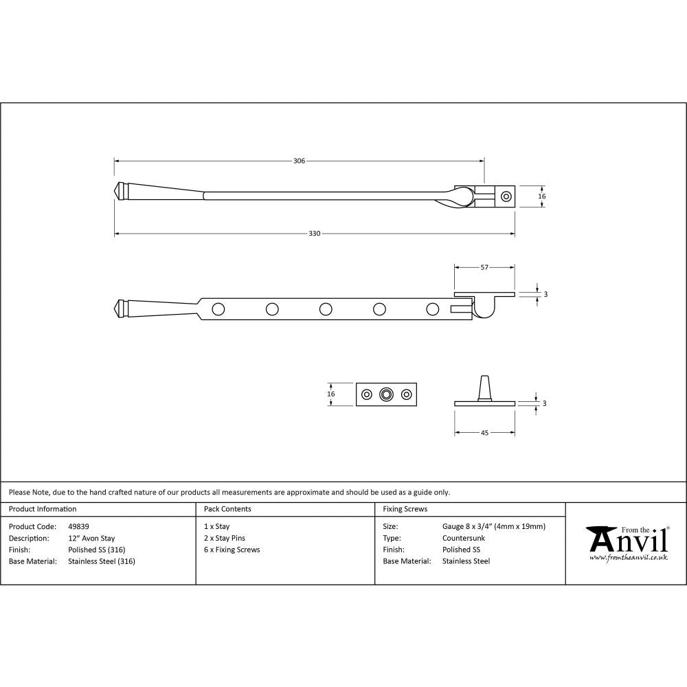 This is an image showing From The Anvil - Polished Marine SS (316) 12" Avon Stay available from trade door handles, quick delivery and discounted prices