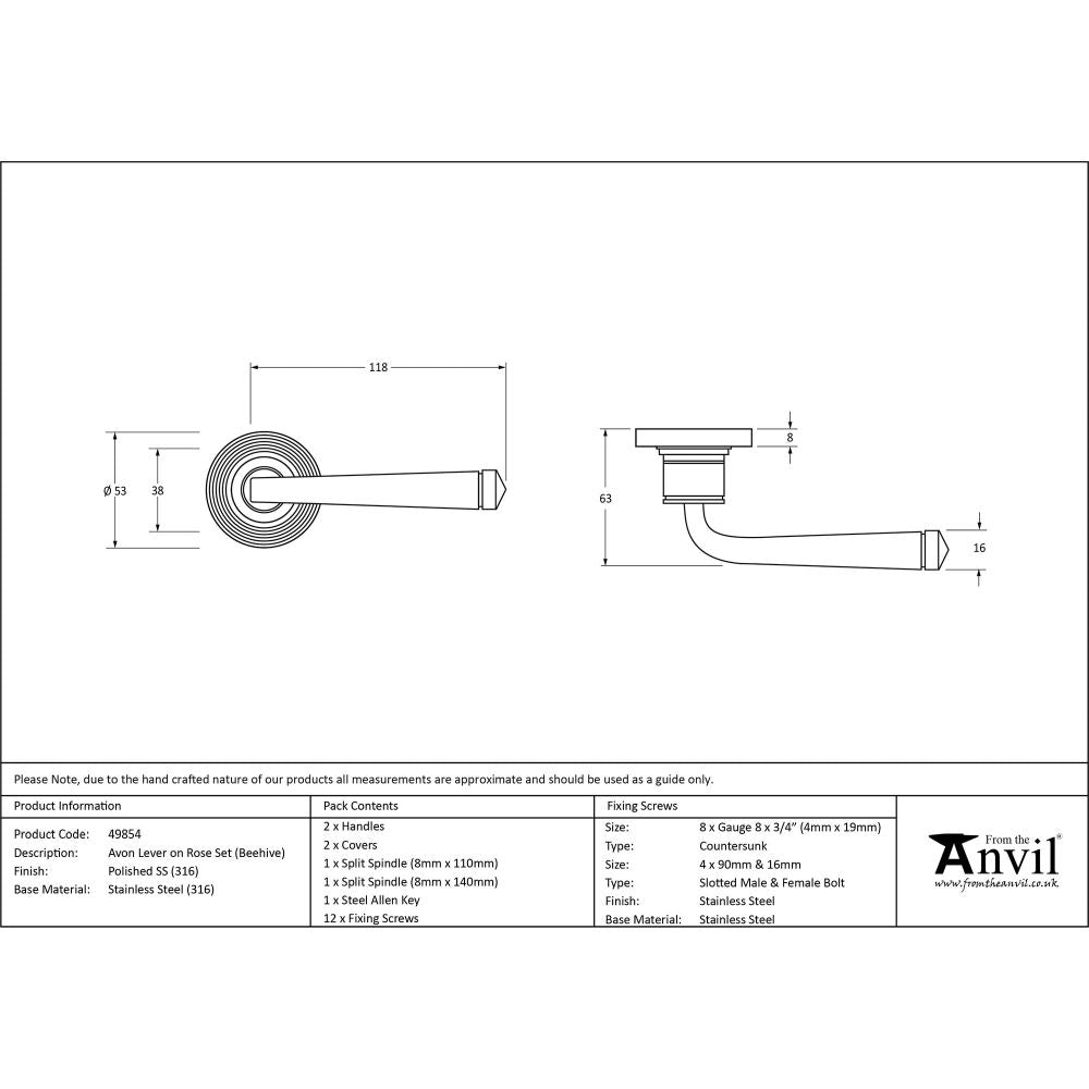 This is an image showing From The Anvil - Polished Marine SS (316) Avon Round Lever on Rose Set (Beehive) available from trade door handles, quick delivery and discounted prices