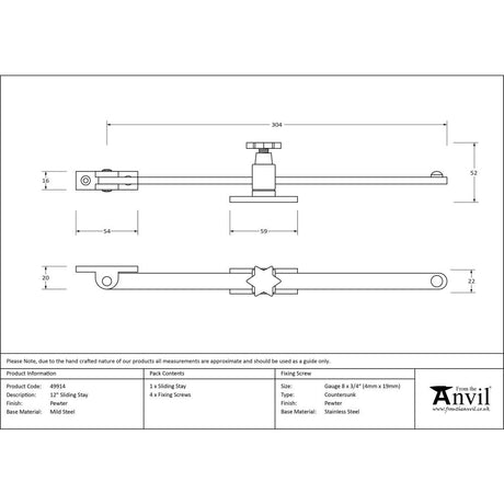 This is an image showing From The Anvil - Pewter 12" Sliding Stay available from trade door handles, quick delivery and discounted prices