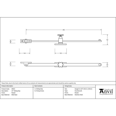 This is an image showing From The Anvil - Pewter 15" Sliding Stay available from trade door handles, quick delivery and discounted prices