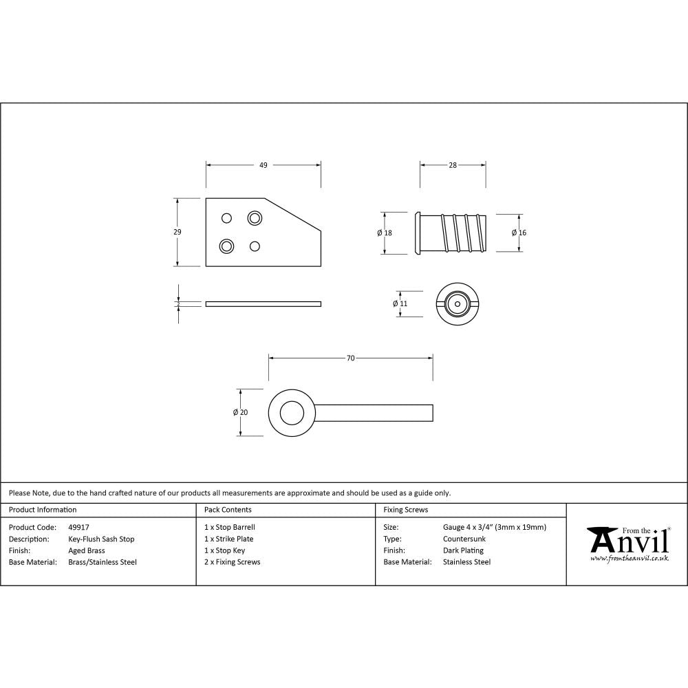 This is an image showing From The Anvil - Aged Brass Key-Flush Sash Stop available from trade door handles, quick delivery and discounted prices