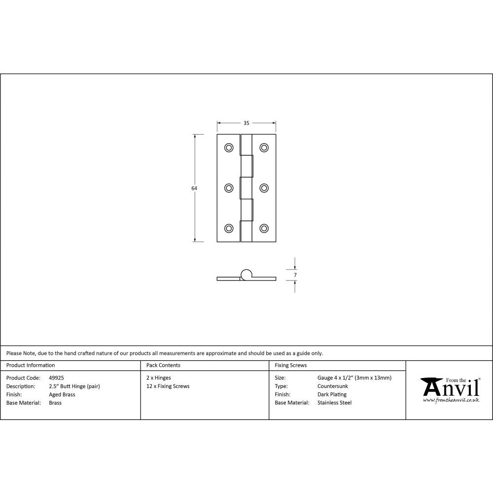 This is an image showing From The Anvil - Aged Brass 2.5" Butt Hinge (pair) available from trade door handles, quick delivery and discounted prices