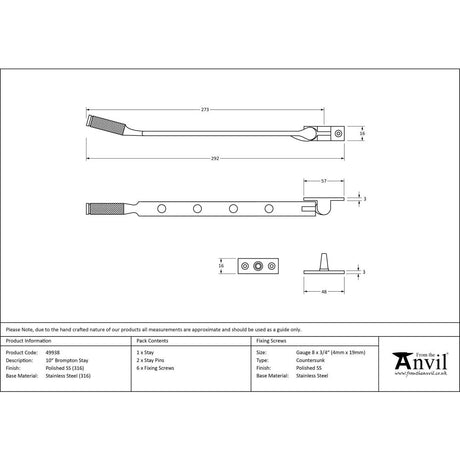 This is an image showing From The Anvil - Polished Marine SS (316) 10" Brompton Stay available from trade door handles, quick delivery and discounted prices