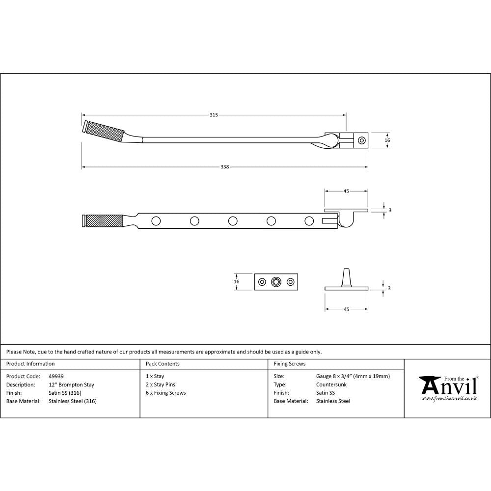 This is an image showing From The Anvil - Satin Marine SS (316) 12" Brompton Stay available from trade door handles, quick delivery and discounted prices