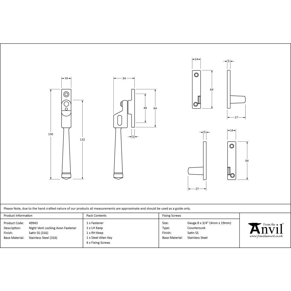 This is an image showing From The Anvil - Satin Marine SS (316) Night-Vent Locking Avon Fastener available from trade door handles, quick delivery and discounted prices