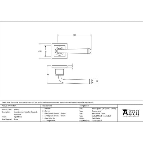 This is an image showing From The Anvil - Aged Brass Avon Round Lever on Rose Set (Square) - Unsprung available from trade door handles, quick delivery and discounted prices