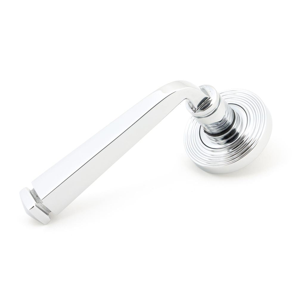 This is an image showing From The Anvil - Polished Chrome Avon Round Lever on Rose Set (Beehive) - Unspru available from trade door handles, quick delivery and discounted prices