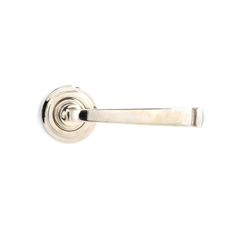 This is an image showing From The Anvil - Polished Nickel Avon Round Lever on Rose Set (Art Deco) - Unspr available from trade door handles, quick delivery and discounted prices