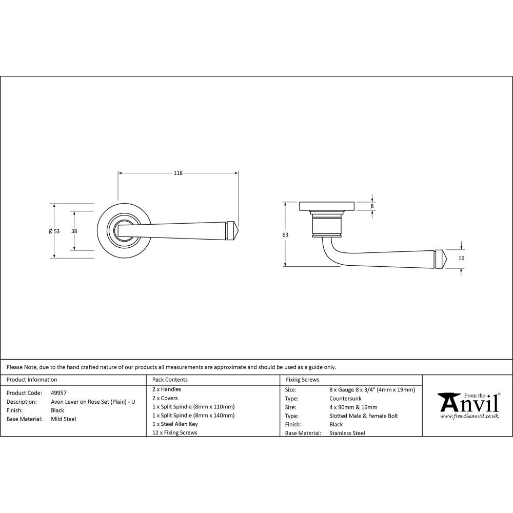 This is an image showing From The Anvil - Black Avon Round Lever on Rose Set (Plain) - Unsprung available from trade door handles, quick delivery and discounted prices