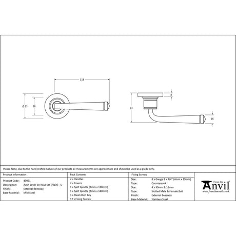 This is an image showing From The Anvil - External Beeswax Avon Round Lever on Rose Set (Plain) - Unsprun available from trade door handles, quick delivery and discounted prices