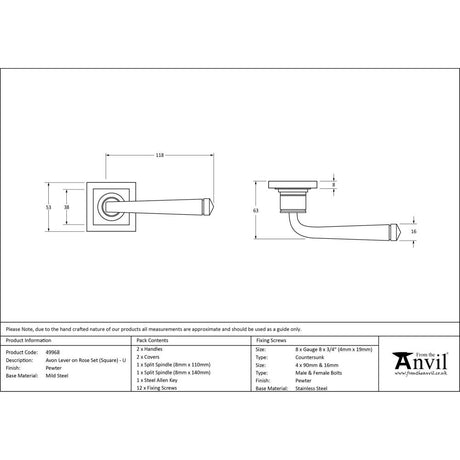 This is an image showing From The Anvil - Pewter Avon Round Lever on Rose Set (Square) - Unsprung available from trade door handles, quick delivery and discounted prices