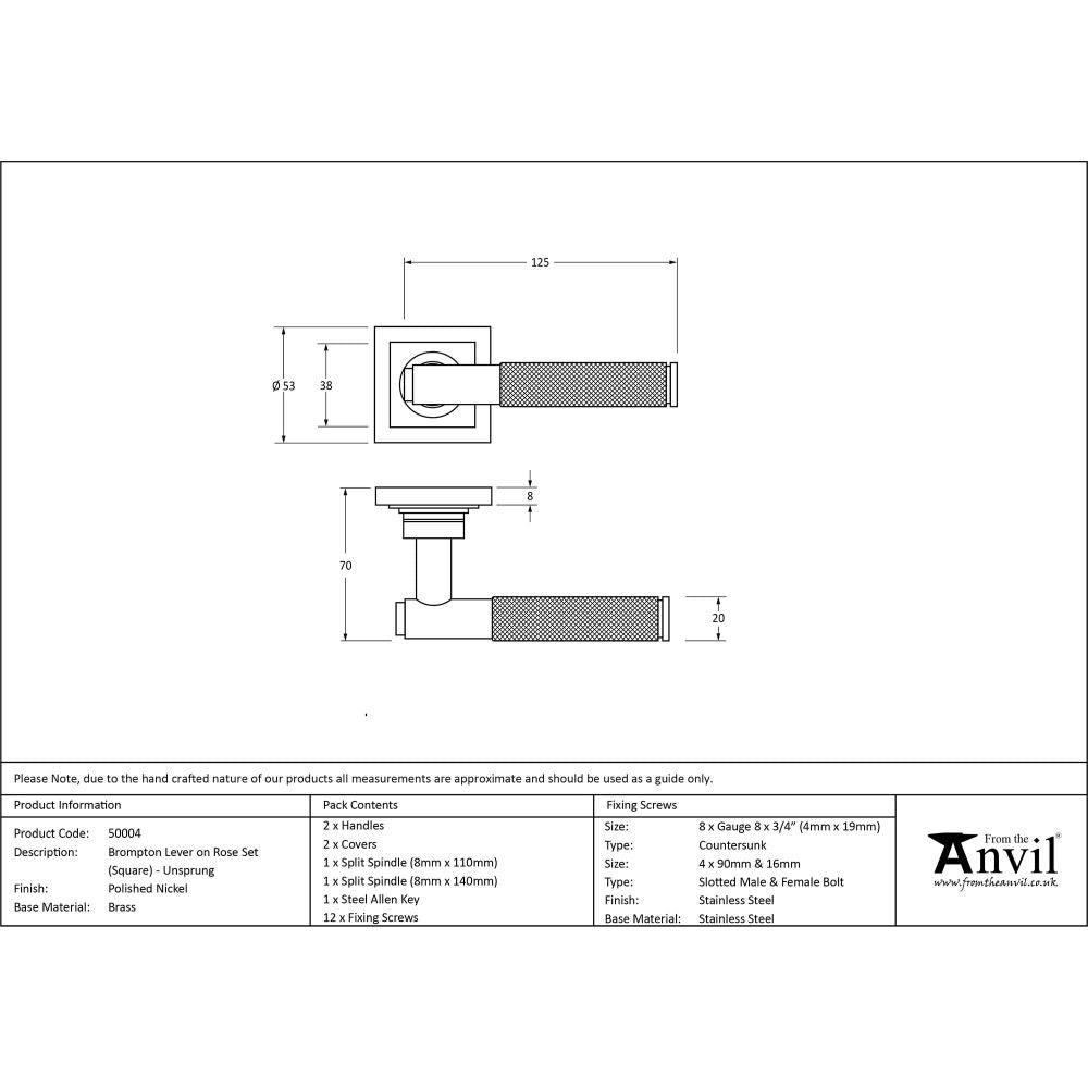 This is an image showing From The Anvil - Polished Nickel Brompton Lever on Rose Set (Square) - Unsprung available from trade door handles, quick delivery and discounted prices