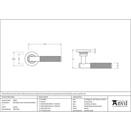 This is an image showing From The Anvil - Pewter Brompton Lever on Rose Set (Plain) - Unsprung available from trade door handles, quick delivery and discounted prices