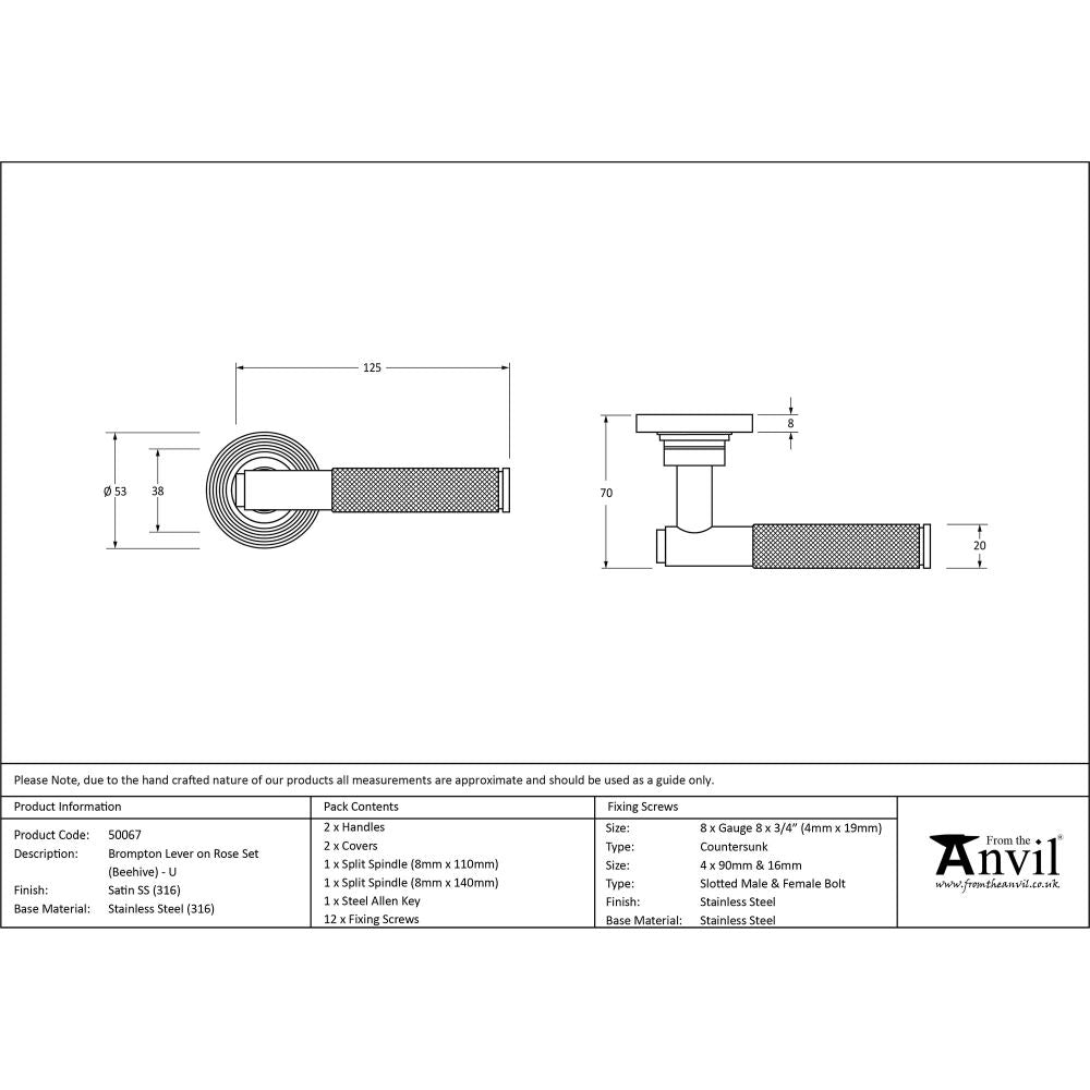 This is an image showing From The Anvil - Satin Marine SS (316) Brompton Lever on Rose Set (Beehive) - Un available from trade door handles, quick delivery and discounted prices