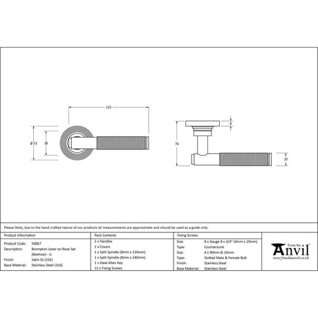 This is an image showing From The Anvil - Satin Marine SS (316) Brompton Lever on Rose Set (Beehive) - Un available from trade door handles, quick delivery and discounted prices