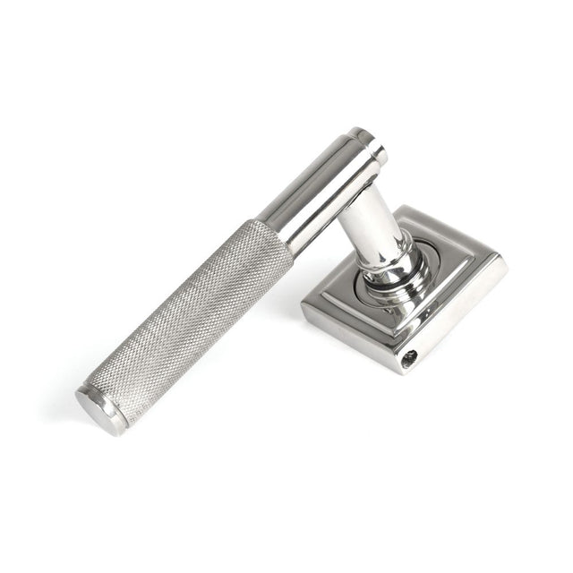 This is an image showing From The Anvil - Polished Marine SS (316) Brompton Lever on Rose Set (Square) - available from trade door handles, quick delivery and discounted prices