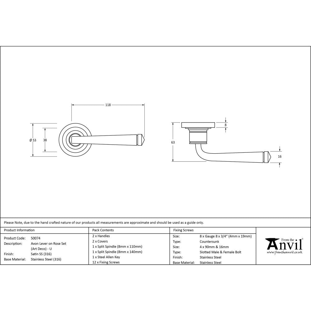 This is an image showing From The Anvil - Satin Marine SS (316) Avon Round Lever on Rose Set (Art Deco) - available from trade door handles, quick delivery and discounted prices