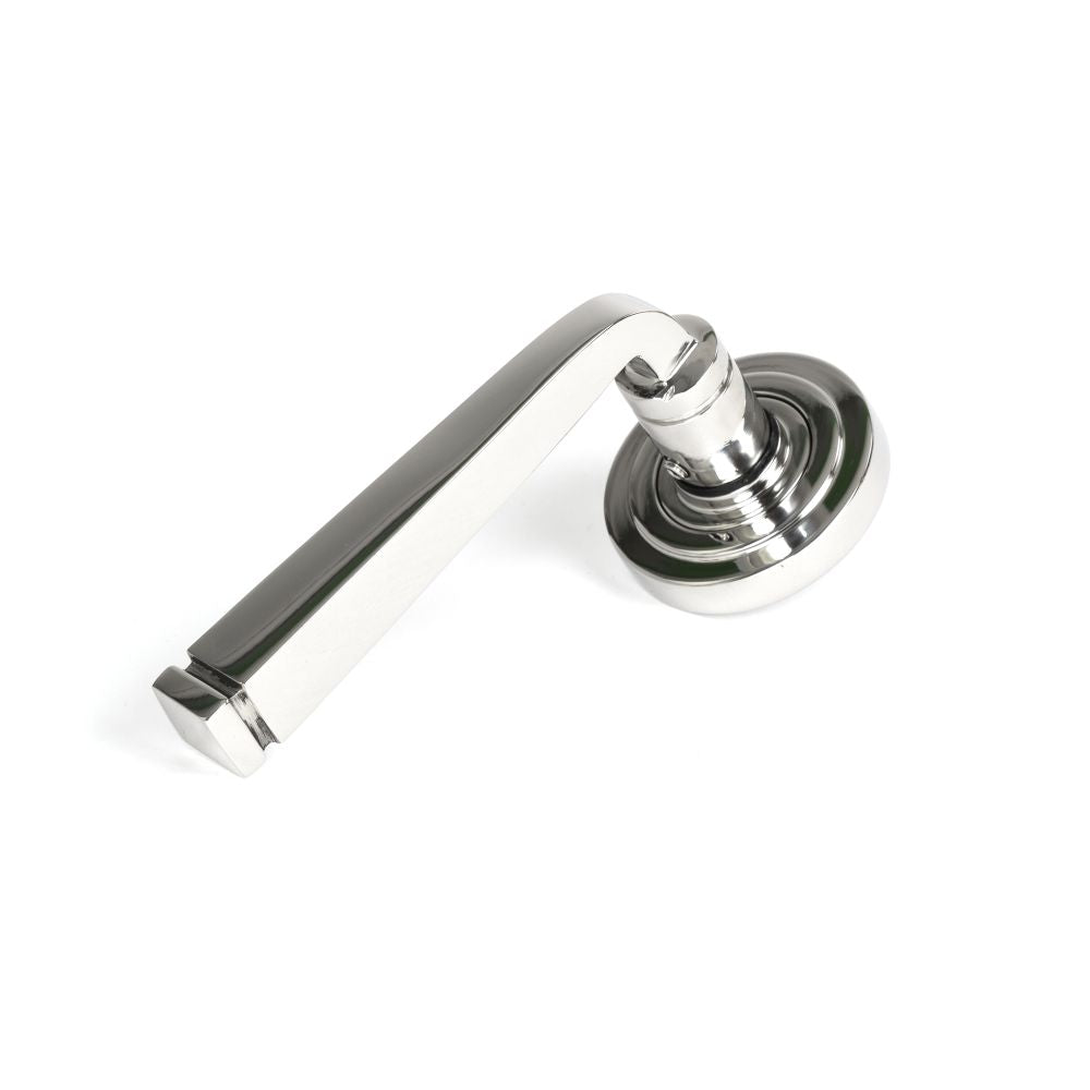 This is an image showing From The Anvil - Polished Marine SS (316) Avon Round Lever on Rose Set (Art Deco available from trade door handles, quick delivery and discounted prices