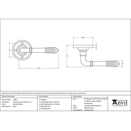 This is an image showing From The Anvil - Polished Nickel Reeded Lever on Rose Set - Unsprung available from trade door handles, quick delivery and discounted prices