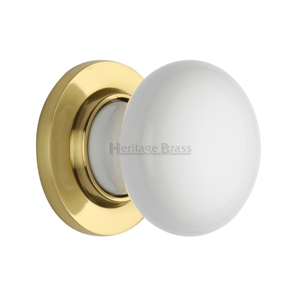 This is an image of a Heritage Brass - White Knob with Polished Brass base, 5010-pb that is available to order from Trade Door Handles in Kendal.