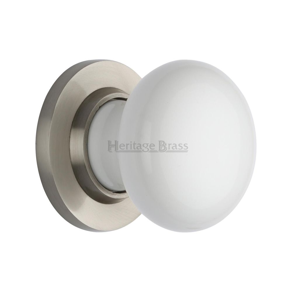 This is an image of a Heritage Brass - White Knob with Satin Nickel base, 5010-sn that is available to order from Trade Door Handles in Kendal.