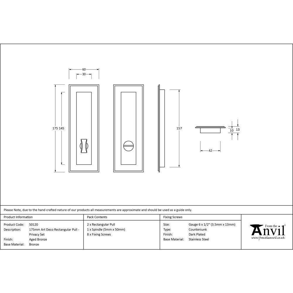 This is an image showing From The Anvil - Aged Bronze 175mm Art Deco Rectangular Pull - Privacy Set available from trade door handles, quick delivery and discounted prices