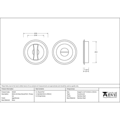 This is an image showing From The Anvil - Aged Bronze 60mm Art Deco Round Pull - Privacy Set available from trade door handles, quick delivery and discounted prices