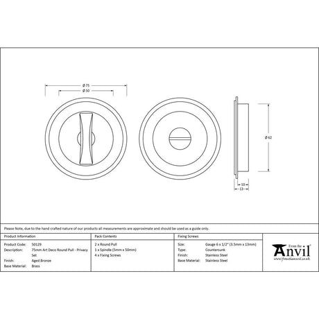 This is an image showing From The Anvil - Aged Bronze 75mm Art Deco Round Pull - Privacy Set available from trade door handles, quick delivery and discounted prices