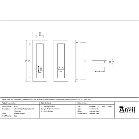 This is an image showing From The Anvil - Polished Bronze 175mm Plain Rectangular Pull - Privacy Set available from trade door handles, quick delivery and discounted prices