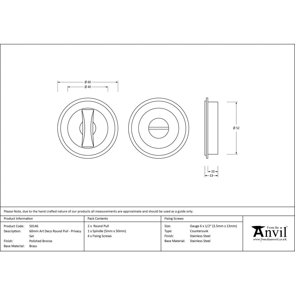 This is an image showing From The Anvil - Polished Bronze 60mm Art Deco Round Pull - Privacy Set available from trade door handles, quick delivery and discounted prices