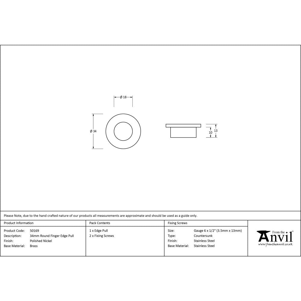 This is an image showing From The Anvil - Polished Nickel 34mm Round Finger Edge Pull available from trade door handles, quick delivery and discounted prices