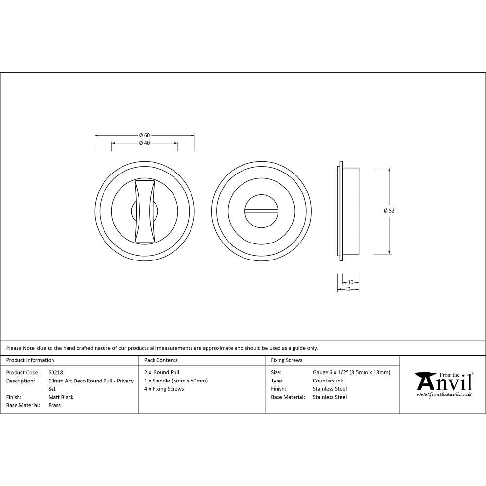 This is an image showing From The Anvil - Matt Black 60mm Art Deco Round Pull - Privacy Set available from trade door handles, quick delivery and discounted prices