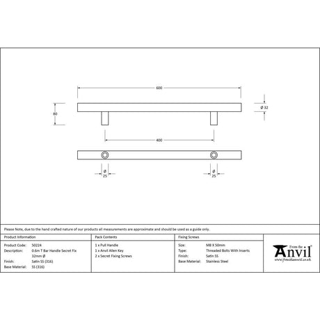 This is an image showing From The Anvil - Satin SS (316) 0.6m T Bar Handle Secret Fix 32mm available from trade door handles, quick delivery and discounted prices