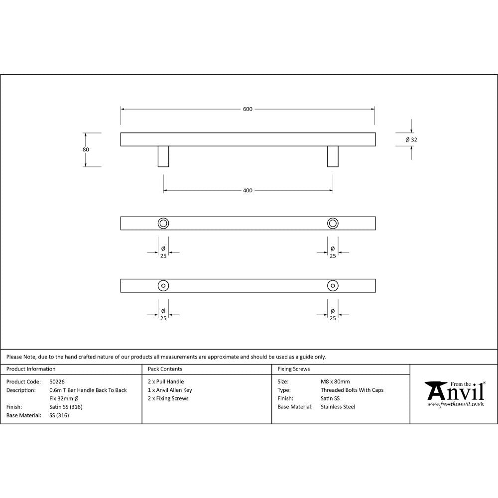 This is an image showing From The Anvil - Satin SS (316) 0.6m T Bar Handle B2B Fix 32mm available from trade door handles, quick delivery and discounted prices