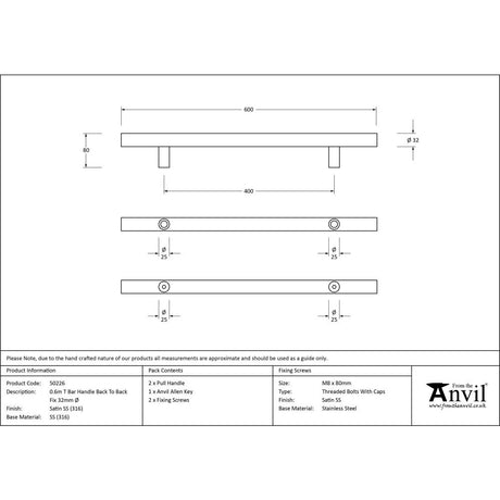 This is an image showing From The Anvil - Satin SS (316) 0.6m T Bar Handle B2B Fix 32mm available from trade door handles, quick delivery and discounted prices