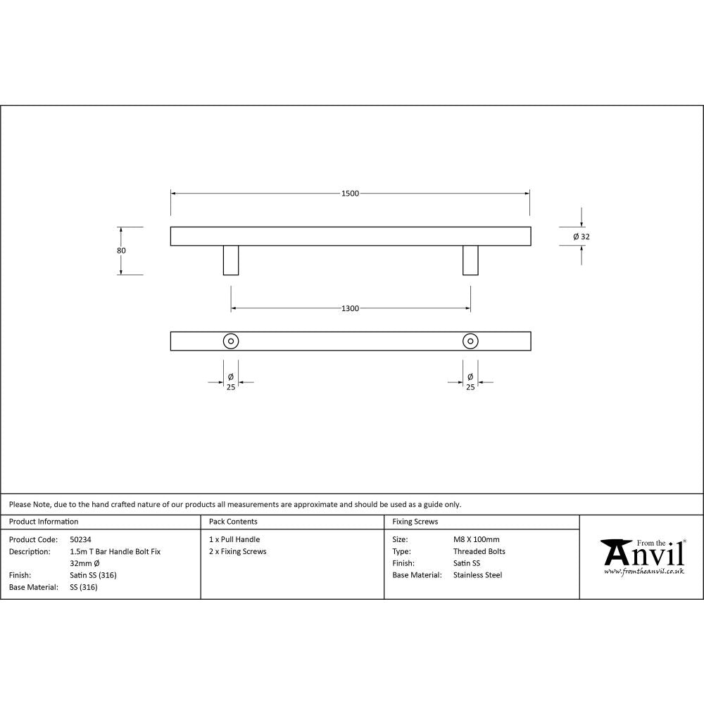 This is an image showing From The Anvil - Satin SS (316) 1.5m T Bar Handle Bolt Fix 32mm available from trade door handles, quick delivery and discounted prices