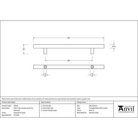 This is an image showing From The Anvil - Polished SS (316) 0.6m T Bar Handle Secret Fix 32mm available from trade door handles, quick delivery and discounted prices