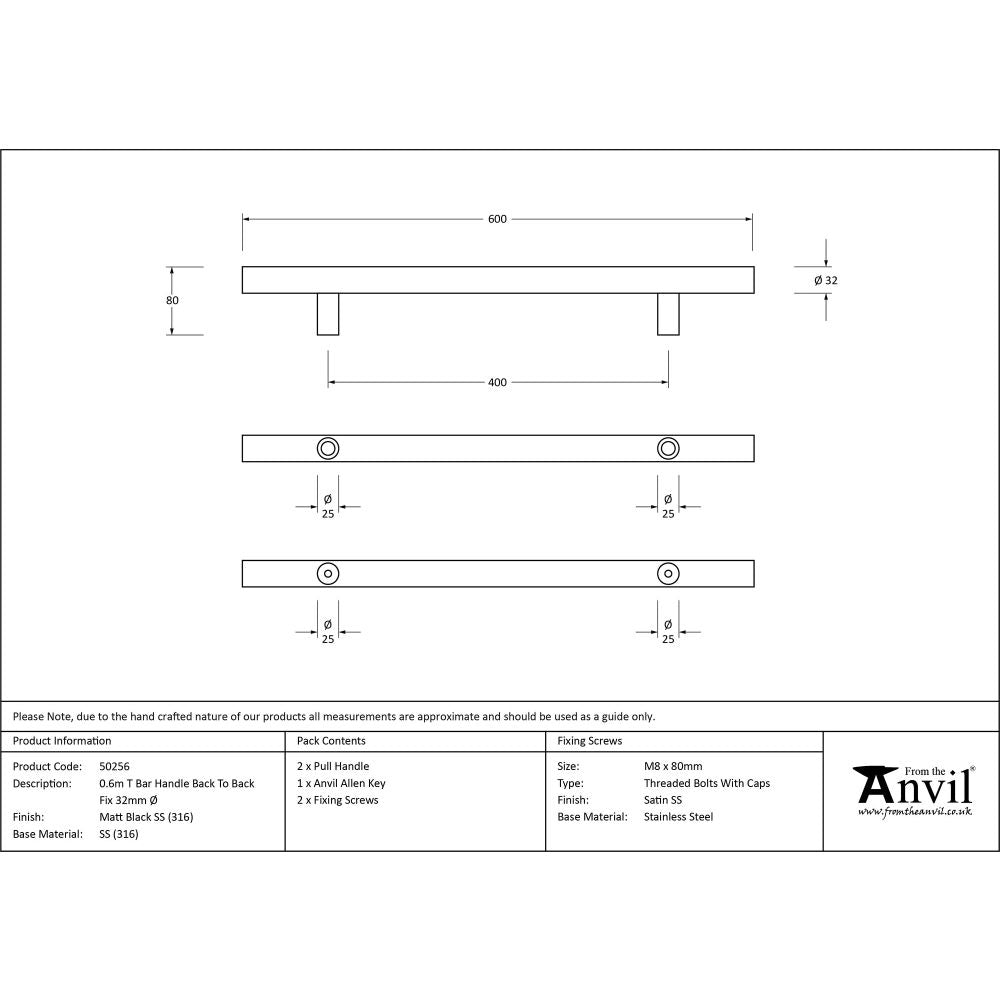 This is an image showing From The Anvil - Matt Black SS (316) 0.6m T Bar Handle B2B Fix 32mm available from trade door handles, quick delivery and discounted prices