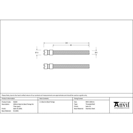 This is an image showing From The Anvil - Satin SS (304) 100mm Back to Back Fixings for T Bar (2) available from trade door handles, quick delivery and discounted prices