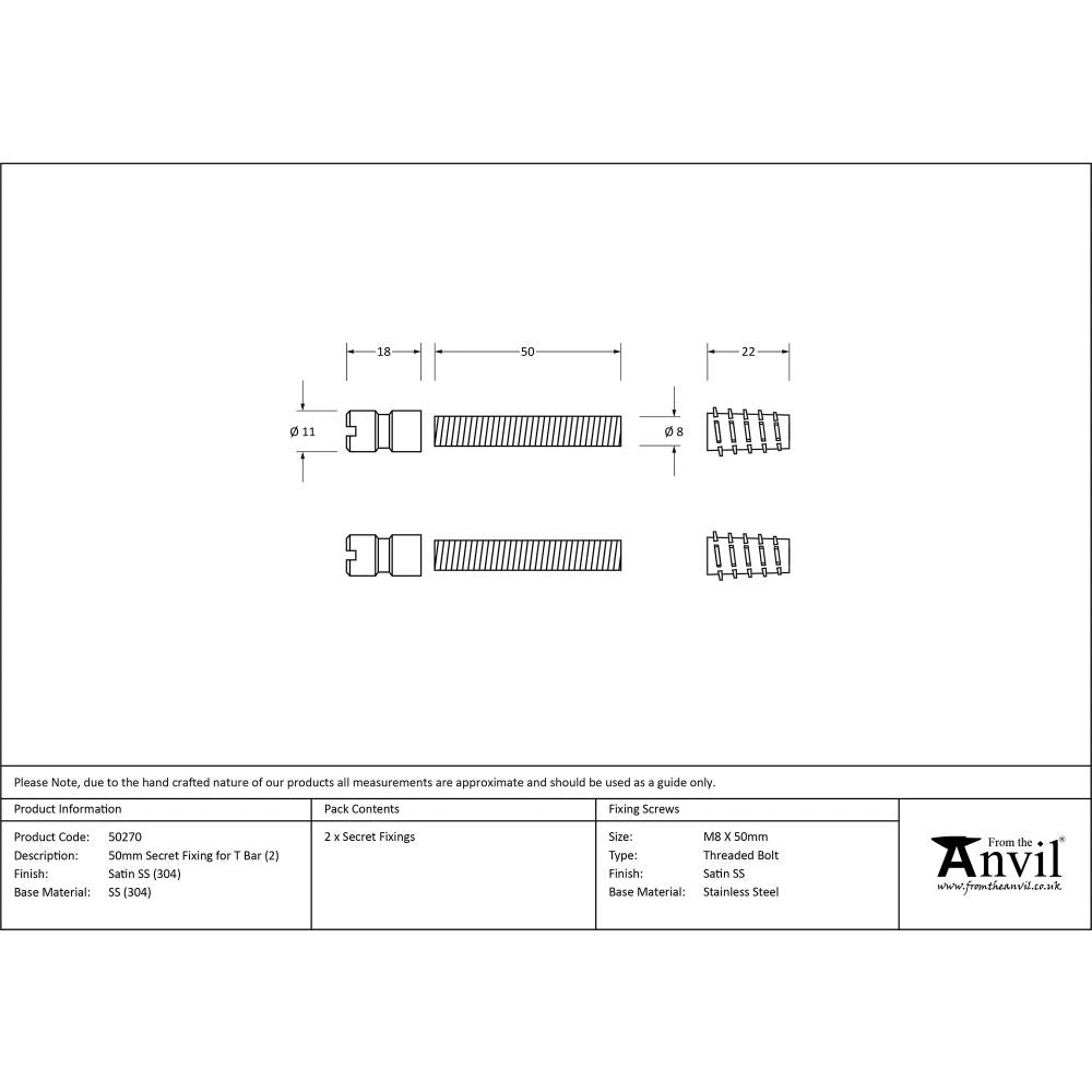 This is an image showing From The Anvil - Satin SS (304) 50mm Secret Fixings for T Bar (2) available from trade door handles, quick delivery and discounted prices