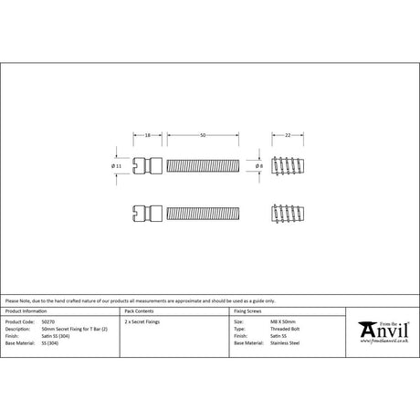 This is an image showing From The Anvil - Satin SS (304) 50mm Secret Fixings for T Bar (2) available from trade door handles, quick delivery and discounted prices