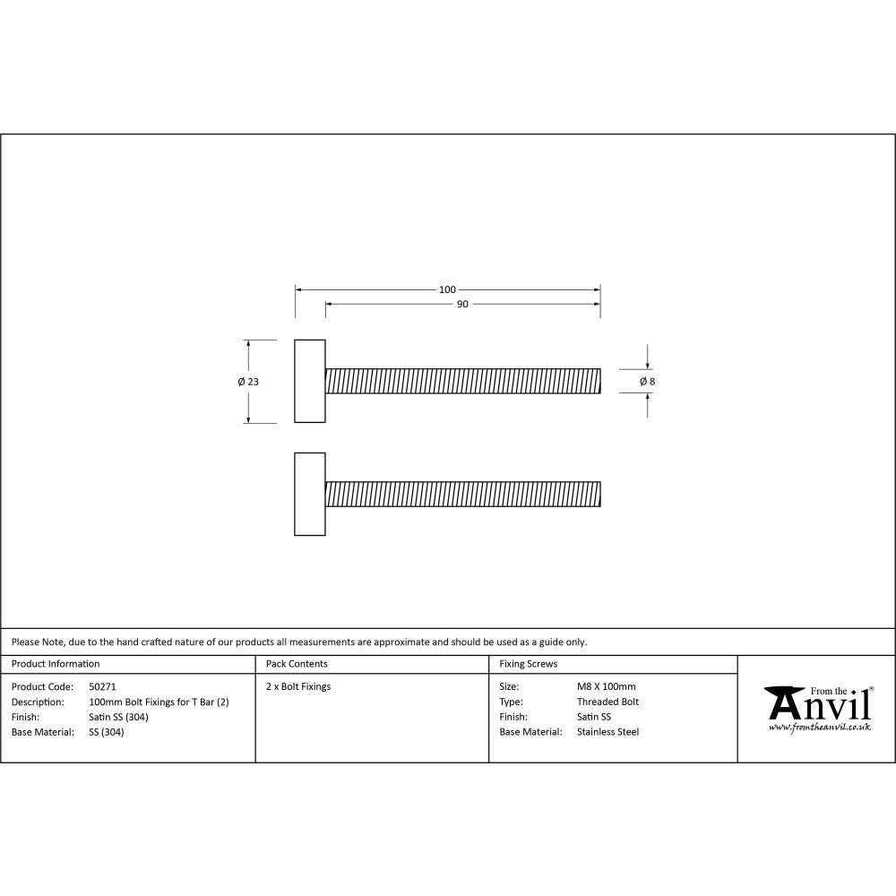 This is an image showing From The Anvil - Satin SS (304) 100mm Bolt Fixings for T Bar (2) available from trade door handles, quick delivery and discounted prices