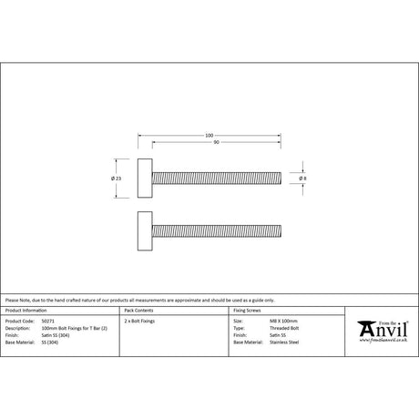 This is an image showing From The Anvil - Satin SS (304) 100mm Bolt Fixings for T Bar (2) available from trade door handles, quick delivery and discounted prices