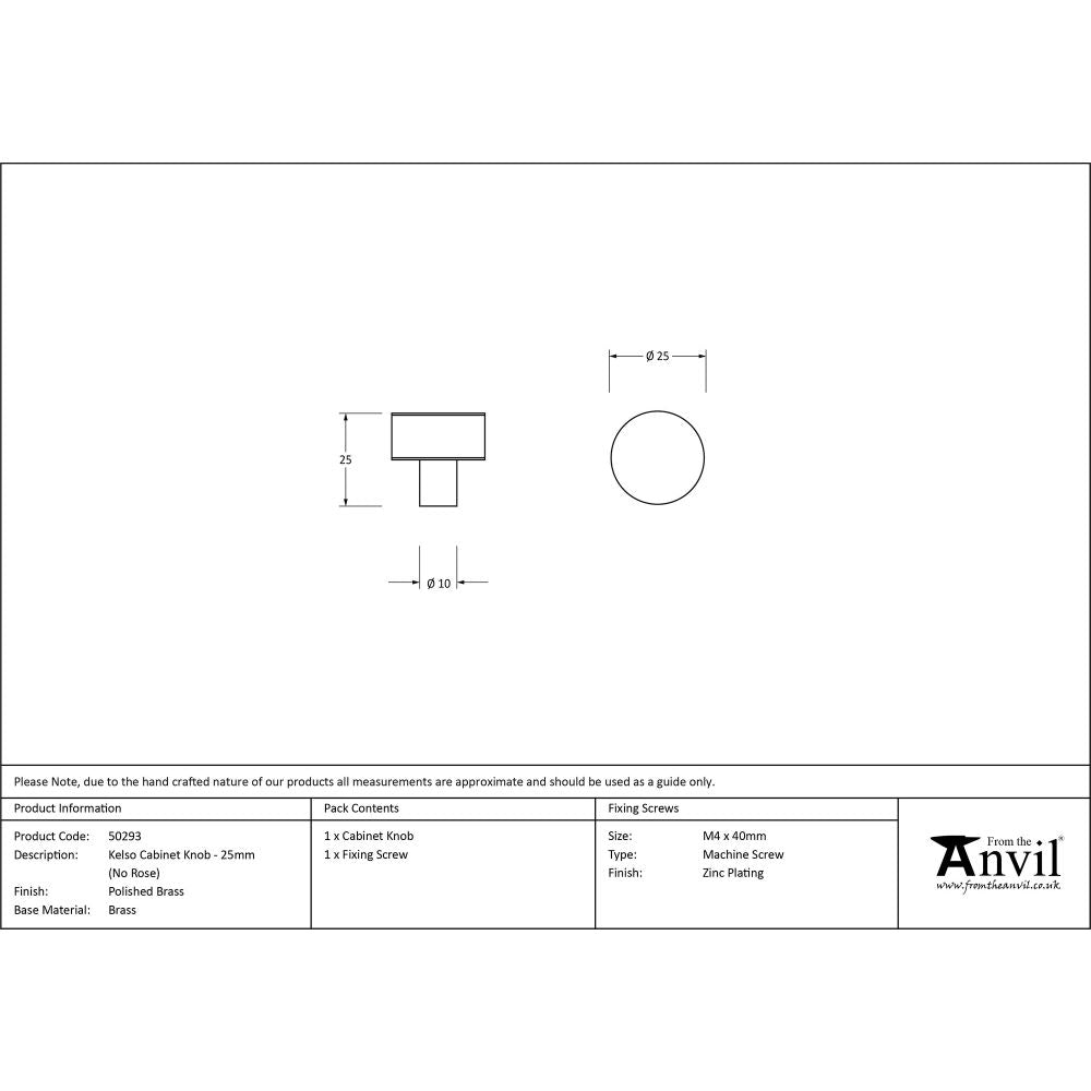 This is an image showing From The Anvil - Polished Brass Kelso Cabinet Knob - 25mm (No Rose) available from trade door handles, quick delivery and discounted prices