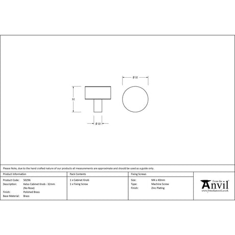 This is an image showing From The Anvil - Polished Brass Kelso Cabinet Knob - 32mm (No Rose) available from trade door handles, quick delivery and discounted prices