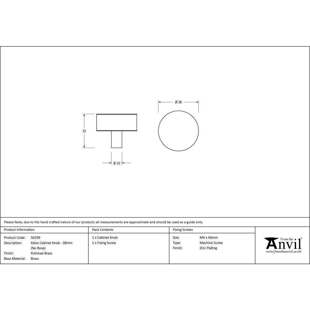 This is an image showing From The Anvil - Polished Brass Kelso Cabinet Knob - 38mm (No Rose) available from trade door handles, quick delivery and discounted prices