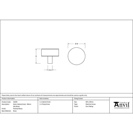 This is an image showing From The Anvil - Polished Brass Kelso Cabinet Knob - 38mm (No Rose) available from trade door handles, quick delivery and discounted prices