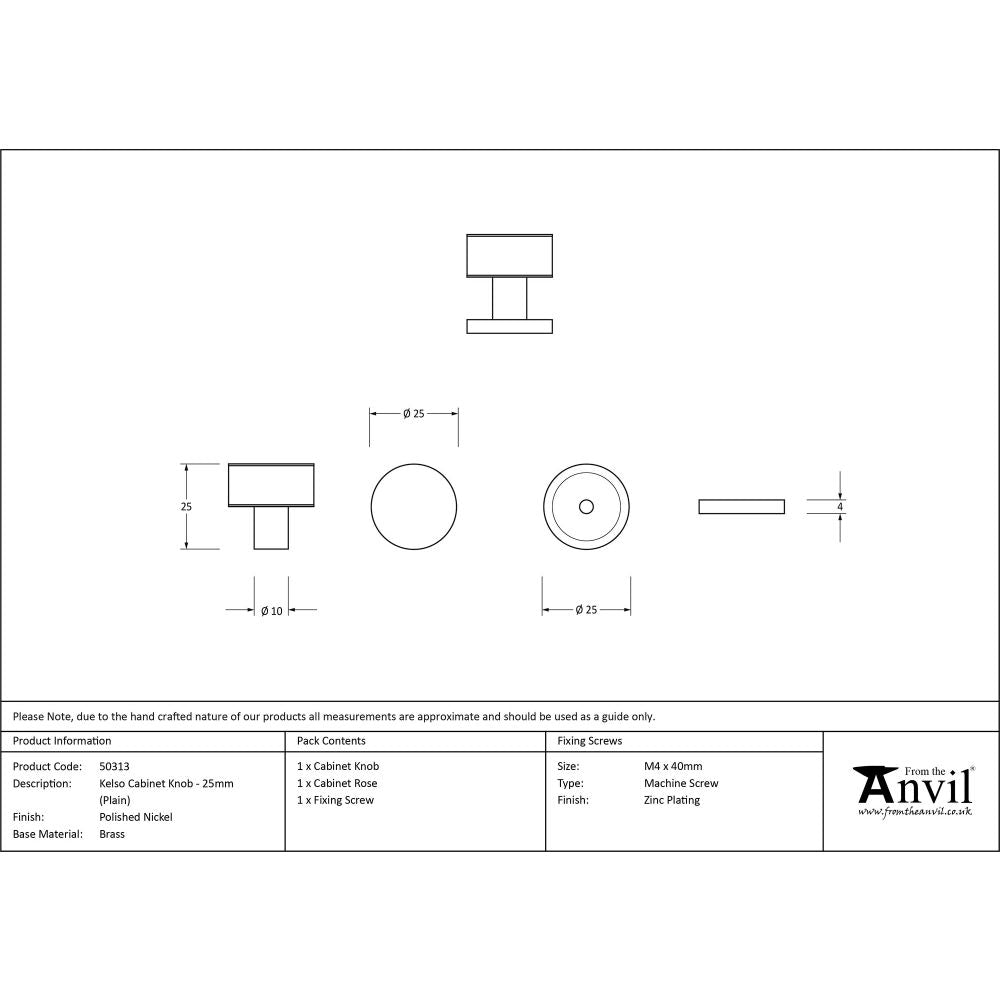 This is an image showing From The Anvil - Polished Nickel Kelso Cabinet Knob - 25mm (Plain) available from trade door handles, quick delivery and discounted prices