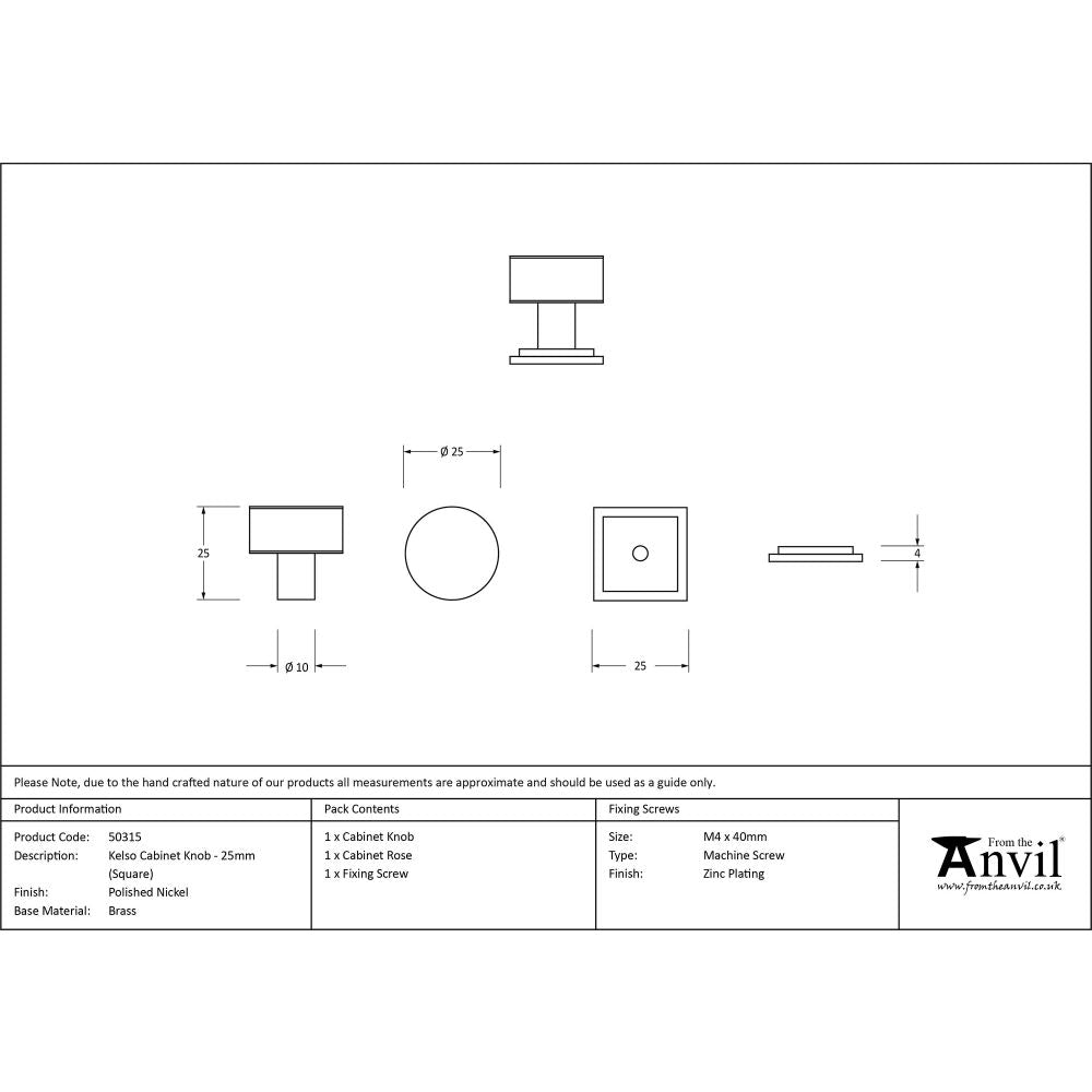 This is an image showing From The Anvil - Polished Nickel Kelso Cabinet Knob - 25mm (Square) available from trade door handles, quick delivery and discounted prices